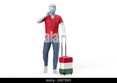 Uomo che indossa maschera viso tira una valigia testurizzata con bandiera di Ungheria. Illustrazione 3D Foto Stock