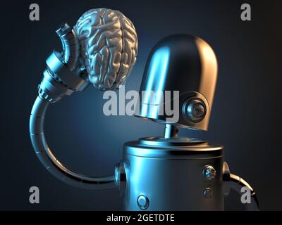 Il robot tiene in mano un cervello umano. Illustrazione 3D. Foto Stock