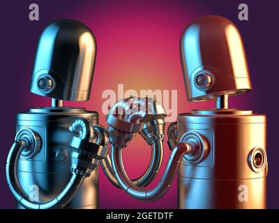 Primo piano contro i robot. Concetto di conflitto. Illustrazione 3D Foto Stock