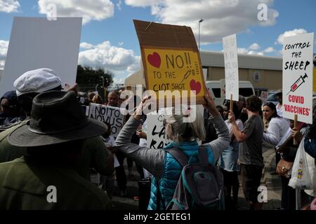 I manifestanti antivaccini (anti vaxxers) presso il Groote Schuur Hospital di Città del Capo, Sudafrica. Agosto 21, 2021. Foto Stock