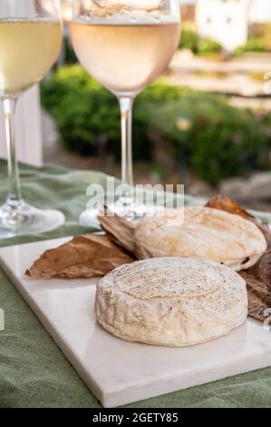 Raccolta di formaggi, semi-duro francese blu roquefort formaggio roquefort da Roquefort-sur-Soulzon, Francia, servito con vino bianco dolce freddo francese, primo piano Foto Stock