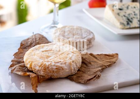 Raccolta di formaggi, semi-duro francese blu roquefort formaggio roquefort da Roquefort-sur-Soulzon, Francia, servito con vino bianco dolce freddo francese, primo piano Foto Stock