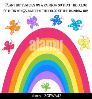 Gioco educativo per bambini per i più piccoli per trovare la corrispondenza di colori, farfalle e arcobaleno Illustrazione Vettoriale