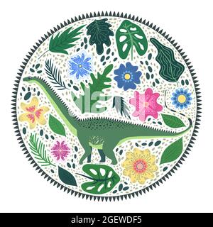 Marsh diplodocus, collezione preistorica di dinosauri. Animali antichi. Disegnato a mano. In una cornice di fiori e foglie Illustrazione Vettoriale