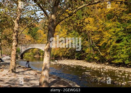Riflessi nel torrente, Wissahickon Creek Valley Park in autunno vicino Forbidden Drive, Philadelphia, Pennsylvania, Stati Uniti Foto Stock