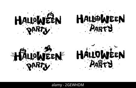 Allegro Halloween festa vacanza disegnata a mano set di disegno di caratteri. Iscrizione tradizionale al festival con zucca spooky Jack o Lantern. Biglietto di auguri isolato dal vettore o modello di copertina dell'invito Illustrazione Vettoriale
