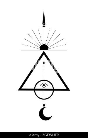 Geometria sacra, logo Triangolo con sole, luna crescente, alchimia esoterica mistica magica celestiale talismano. Occultismo spirituale oggetto isolato Illustrazione Vettoriale