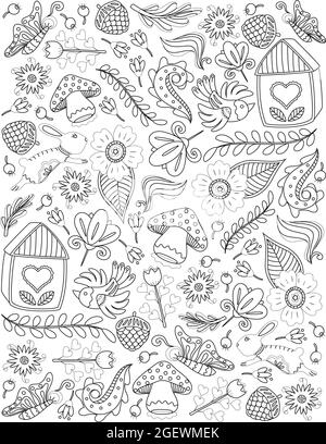Natura Doodle piante Fiori animali incolore linea disegno. Doodling frutta di arte foglie funghi petali Casa insetti colorazione pagina del libro. Illustrazione Vettoriale