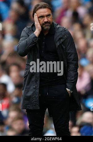 Manchester, Inghilterra, 21 agosto 2021. Daniel Farke manager di Norwich City durante la partita della Premier League all'Etihad Stadium di Manchester. Il credito dovrebbe essere: Darren Staples / Sportimage Foto Stock