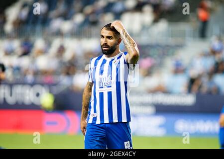 Malaga, Spagna. 16 Agosto 2021. Javi Jimenez di Malaga CF in azione durante la partita LaLiga Smartbank 2021-2022 tra Malaga CF e CD Mirandes allo Stadio la Rosaleda. Punteggio finale; Malaga CF 0:0 CD Mirandes. (Foto di Francis Gonzalez/SOPA Images/Sipa USA) Credit: Sipa USA/Alamy Live News Foto Stock