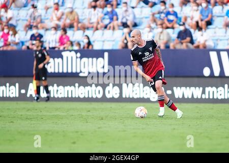 Malaga, Spagna. 16 Agosto 2021. Oriol Rey di CD Mirandes in azione durante la partita LaLiga Smartbank 2021-2022 tra Malaga CF e CD Mirandes allo Stadio la Rosaleda. Punteggio finale; Malaga CF 0:0 CD Mirandes. (Foto di Francis Gonzalez/SOPA Images/Sipa USA) Credit: Sipa USA/Alamy Live News Foto Stock