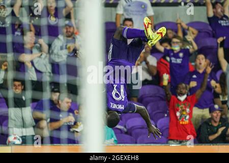 Orlando, Florida, USA, 21 agosto 2021, Orlando City SC Forward Benji Michel #19 festeggia con un ritorno dopo aver segnato contro Chicago Fire all'Explororia Stadium. (Photo Credit: Marty Jean-Louis) Foto Stock