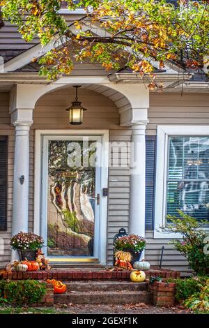 Casa tradizionale con portico decorato per la caduta con zucche parzialmente mangiate e uno scoiattolo che ne mangia un altro - riflessi distorti in finestra tempesta - Foto Stock