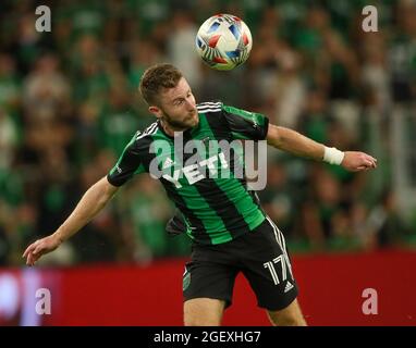 21 agosto 2021: Austin FC Forward Jon Gallagher (17) testa la palla durante una partita di calcio della Major League tra Austin FC e Portland Timbers il 21 agosto 2021 ad Austin, Texas. (Credit Image: © Scott Coleman/ZUMA Press Wire) Foto Stock