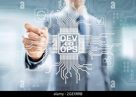Sviluppo Agile e concetto di ottimizzazione DevOps su schermo virtuale. Foto Stock