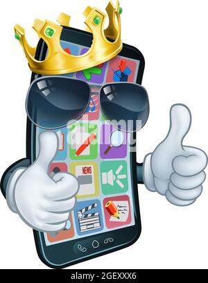 Telefono cellulare Cool King Thumbs Up Cartoon Mascot Illustrazione Vettoriale