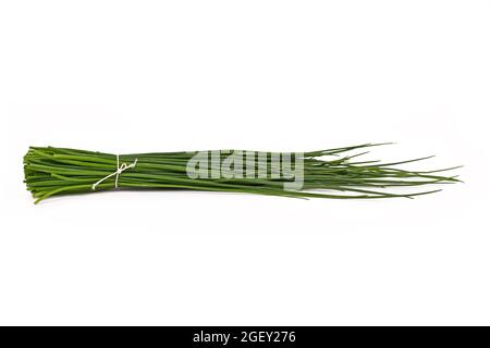 Fascio di erba cipollina tagliata legata con corda isolata su sfondo bianco Foto Stock