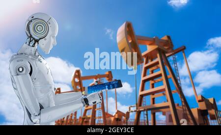 Concetto di tecnologia dell'industria petrolifera con robot di rendering 3d con pompa per petrolio greggio Foto Stock