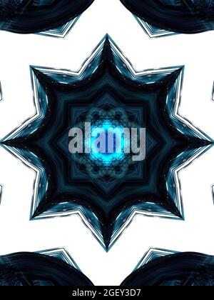 Pentagramma al neon blu su sfondo bianco. Caleidoscopio STAR. Immagine verticale. Foto Stock