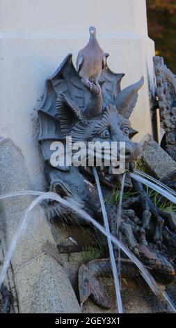 Pigeon in cima alla testa di bronzo di un diavolo dettaglio della Fontana del caduto Angel Buen Retiro Park Madrid Spagna Foto Stock