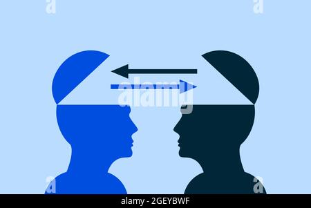 Due capi umani scambiano valori, pensieri ed esperienze. Teste con simbolo di scambio. Co,ceotuel idea. Foto Stock
