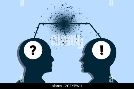 Collegamento tra i pensieri di due persone con punto interrogativo e punto di spiegazione sul loro cervello. Shock e reazione esplosiva. Co,ceotuel idea umana Foto Stock
