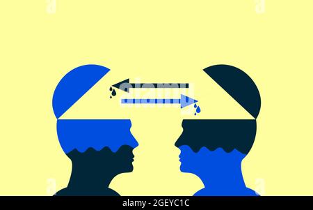 Dare e ricevere idee con i capi umani scambiando conoscenze e pensieri. Idea concettuale di scambio tra esperienze umane. Foto Stock