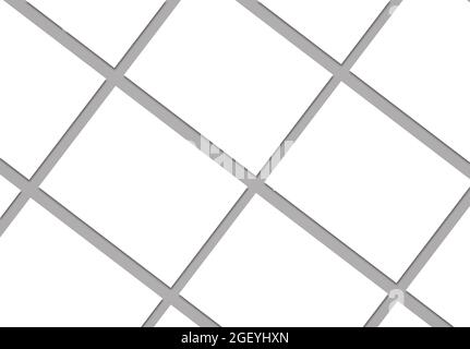 Modici poster bianchi vuoti giacenti su sfondo grigio neutro (disposizione piatta) . Molti bianchi si moccano su sfondo grigio che si posa diagonalmente. Illustrazione 3D Foto Stock