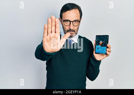 Uomo ispanico di mezza età che tiene il disco fisso con mano aperta facendo segno di stop con espressione seria e sicura, gesto di difesa Foto Stock