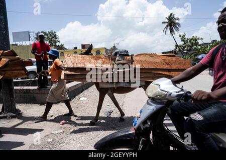 (210822) -- LES CAYES, 22 agosto 2021 (Xinhua) -- Foto scattata il 21 agosto 2021 mostra persone che trasportano legno a Les Cayes, Haiti. (Xinhua/David de la Paz) Foto Stock