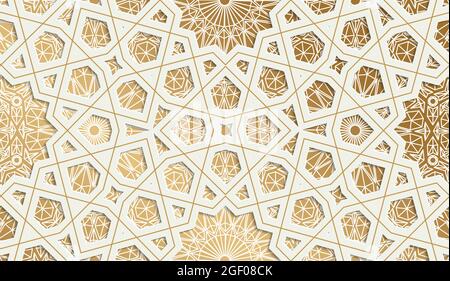 Sfondo decorativo per la celebrazione del Ramadan. Modello per cartoline. Motivo orientale. Ripetizione senza giunture. Oro e bianco. Illustrazione vettoriale. Illustrazione Vettoriale