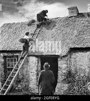 Un thatcher e il suo giovane assistente su un tetto in cottage all'inizio del 20 ° secolo County Monaghan, Irlanda Foto Stock