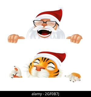 Divertente cartone animato Babbo Natale e Tiger - simbolo dell'anno dal calendario cinese. Ridendo e sorridendo i personaggi di Natale che sbirciavano da dietro l'orizzonte Illustrazione Vettoriale