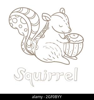 Scoiattolo prende un acorno. Illustrazione vettoriale. Carta alfabetica. Carino cartoon animal card. Illustrazione Vettoriale