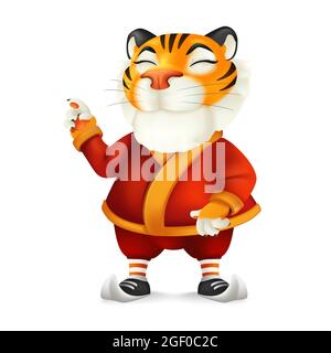 Carino e divertente personaggio Tiger cartoon in costume di Babbo Natale - simbolo dell'anno dal calendario cinese orientale. Illustrazione vettoriale di una mascotte sorridente in Illustrazione Vettoriale