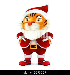 Carino e divertente personaggio Tiger cartoon in costume di Babbo Natale - simbolo dell'anno dal calendario cinese orientale. Illustrazione vettoriale di una mascotte sorridente in Illustrazione Vettoriale