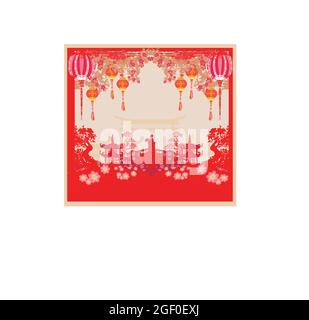 Abstract cornice decorativa con ragazza asiatica Illustrazione Vettoriale