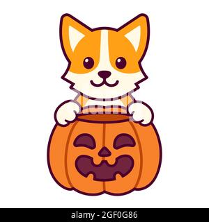 Trick o delizia. Carino cartone animato con zucca di Halloween. Disegno del cane di Kawaii, illustrazione vettoriale divertente. Illustrazione Vettoriale