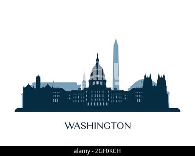 Skyline di Washington, silhouette monocromatica. Illustrazione vettoriale. Illustrazione Vettoriale