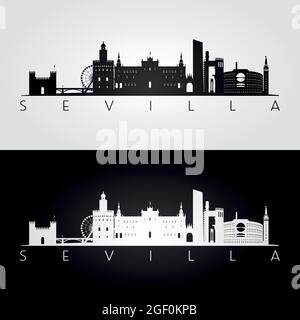 Skyline di Siviglia e silhouette di riferimento, design in bianco e nero, illustrazione vettoriale. Illustrazione Vettoriale