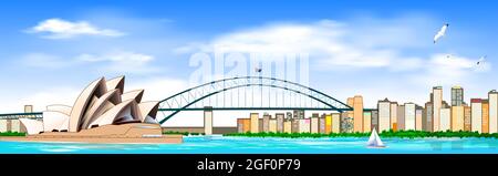 Città australiana di Sydney. Mare. Ponte sulla baia. Cielo blu con nuvole. Paesaggio cittadino. Illustrazione Vettoriale