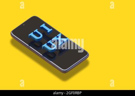 Telefono cellulare con testo ui ux in tre dimensioni. Proiezione isometrica. illustrazione 3d. Foto Stock