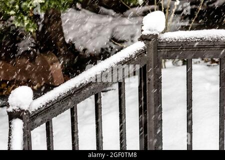 Una fioritura di ghiaccio su una recinzione di metallo come la neve si accumula, Canada Foto Stock