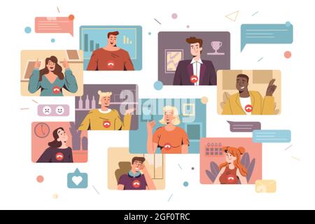 Gli uomini e le donne sorridenti piano lavorano da remoto e hanno una discussione virtuale aziendale. Diversi dipendenti che partecipano alla videoconferenza a distanza. Amici che si incontrano online. Concetto di comunicazione Web. Illustrazione Vettoriale