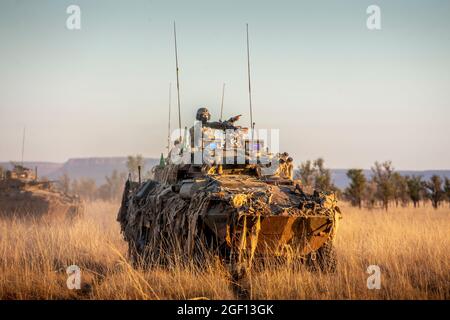 Stazione di Bradshaw, Australia. 21 Agosto 2021. Soldati dell'esercito australiano con 1° reggimento di corazzati in Australian Service Light Armored Vehicle durante un esercizio di fuoco dal vivo presso la Bradshaw Field Training Area il 21 agosto 2021 a Bradshaw Station, NT, Australia. Credit: Planetpix/Alamy Live News Foto Stock