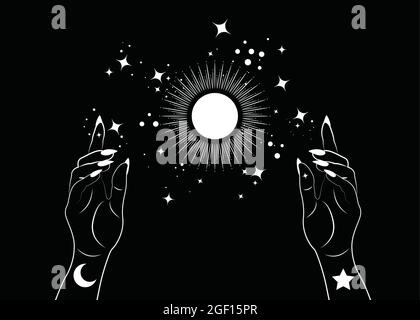 Mistica Donna mani alchimia esoterico magico sole simbolo, geometria Sacra. Boho stile Logo in bianco contorno tatuaggio icona occultismo spirituale mistica wicca Illustrazione Vettoriale