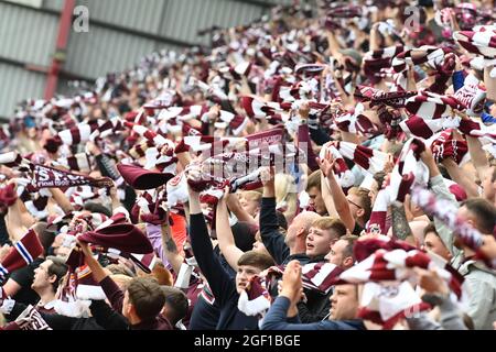 Tynecastle Park, Edimburgo, Scozia. REGNO UNITO. 22 agosto 21. Scottish cinch Premiership match Hearts vs Aberdeen Hearts Fans Credit: eric mccowat/Alamy Live News Foto Stock