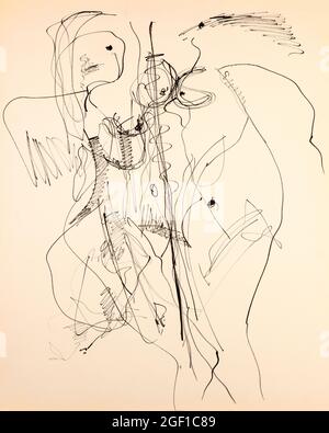 Disegno figurativo astratto con linee e curve forti su sfondo bianco. Illustrazione astratta. Foto Stock