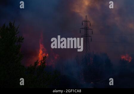 TATOI VARIBOBI Atene, GRECIA - 03 agosto 2021: Gli incendi boschivi delle foreste e degli edifici della Grecia Foto Stock