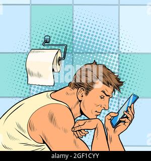 un uomo guarda il telefono nella toilette. Lettura mattutina della posta di lavoro. Routine quotidiana degli uomini d'affari Illustrazione Vettoriale